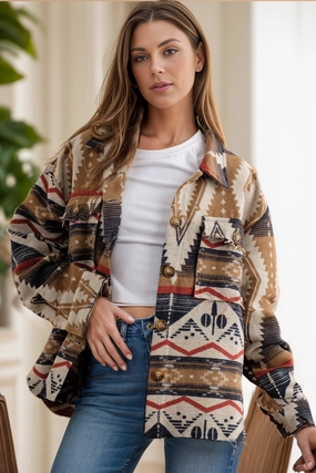 Mega Online Discount Geometric Button Up Long Sleeve Jacket
