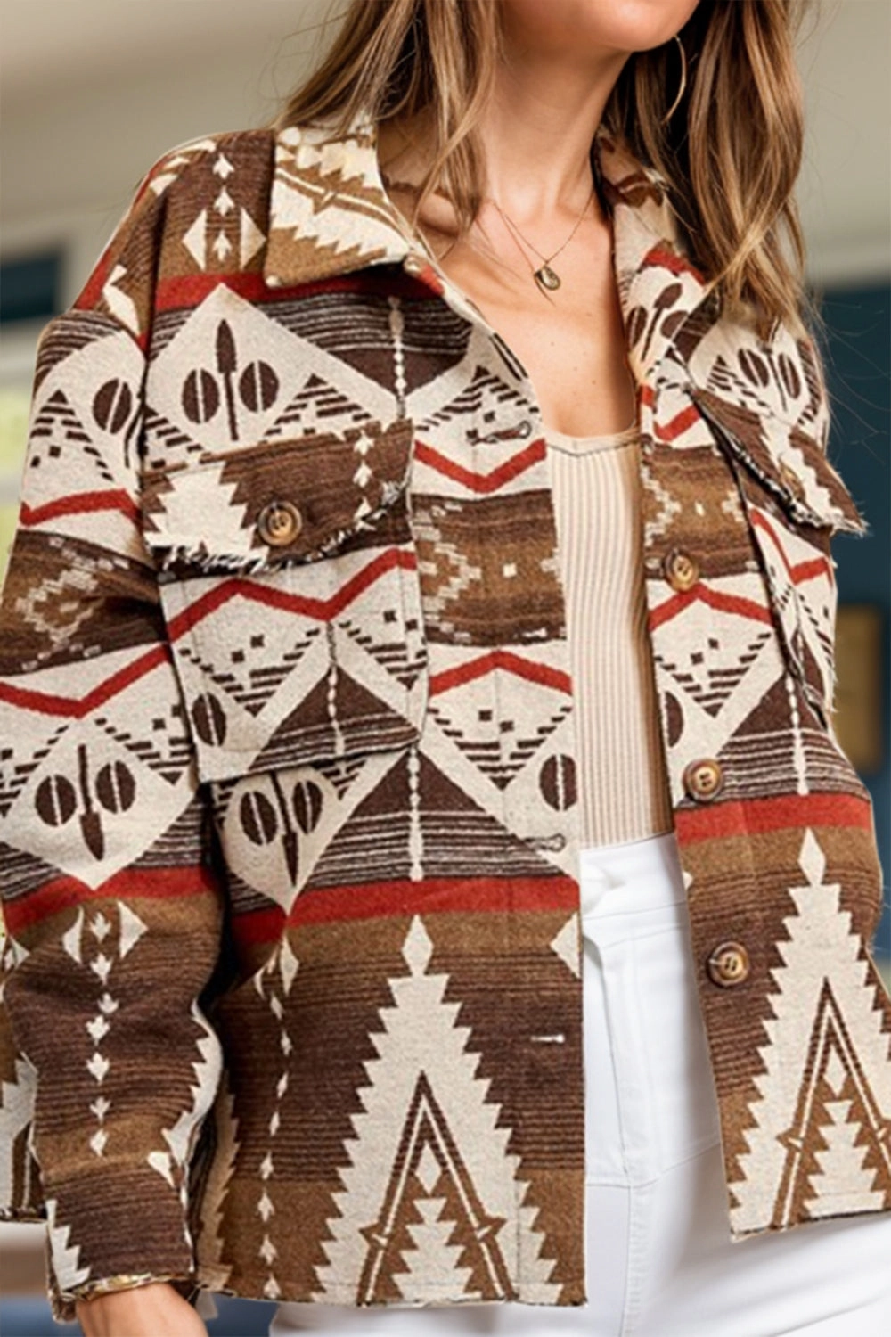 Geometric Button Up Long Sleeve Jacket Today Only Special