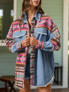 Geometric Collared Neck Long Sleeve Shacket Limited Time Discount