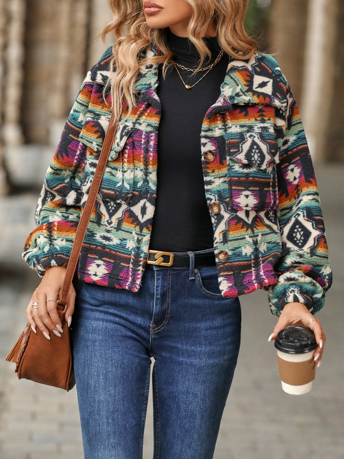 Price Drop Today Geometric Dropped Shoulder Balloon Sleeve Outerwear