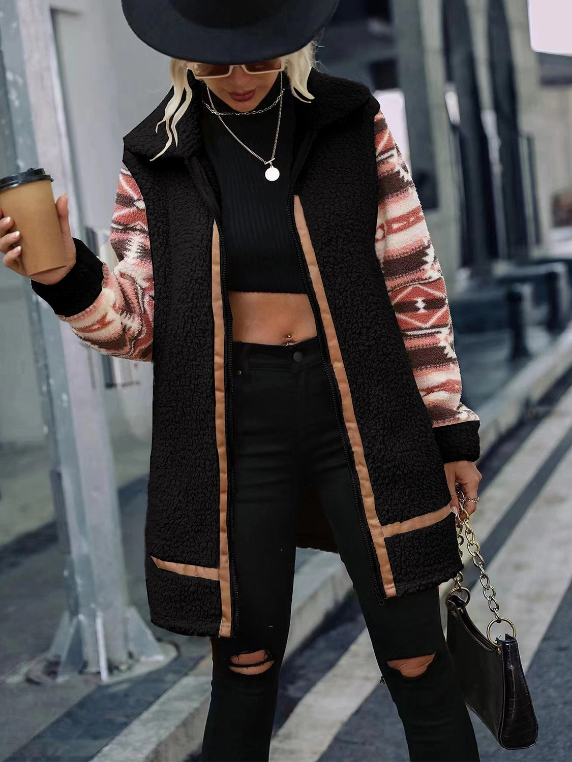 Dont Wait Save Weekend Specials Geometric Zip-Up Collared Sherpa Jacket