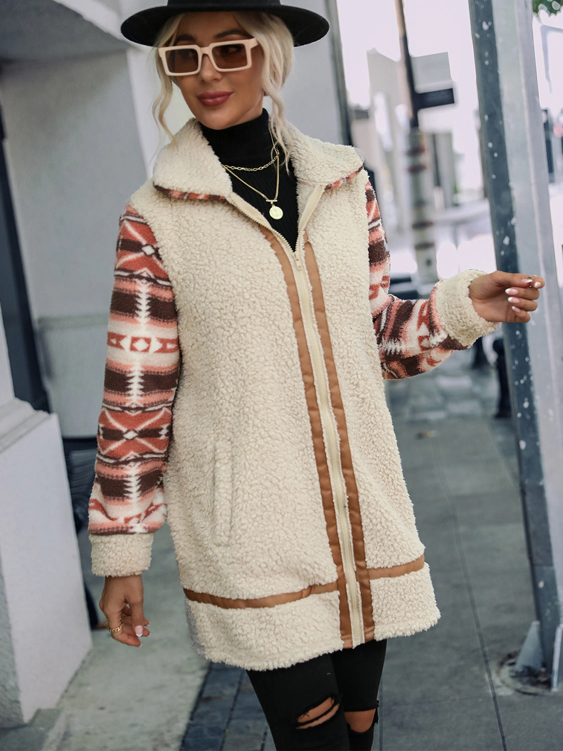 Geometric Zip-Up Collared Sherpa Jacket Hot Deal Alert