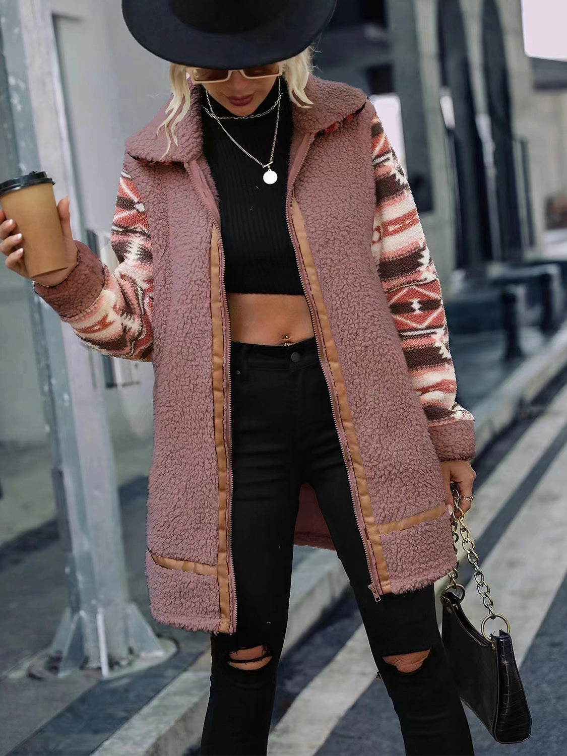 Trending Deals Today Geometric Zip-Up Collared Sherpa Jacket