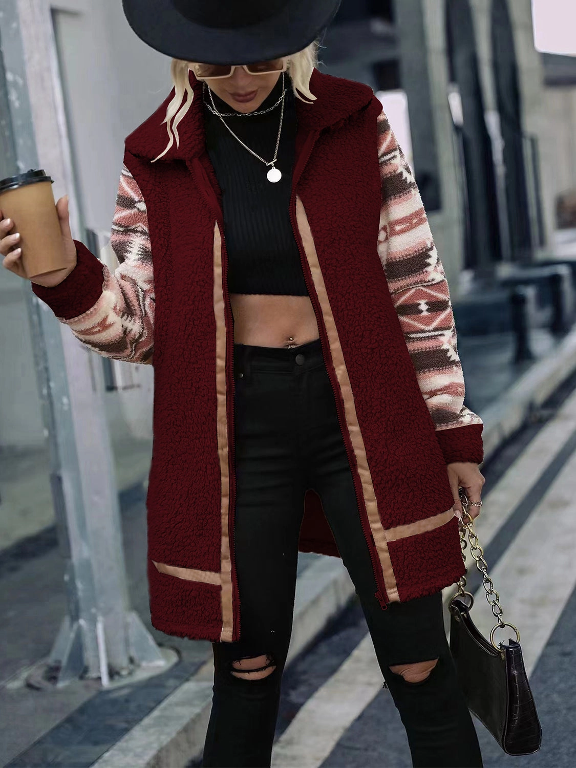 Hot Offer Inside Geometric Zip-Up Collared Sherpa Jacket