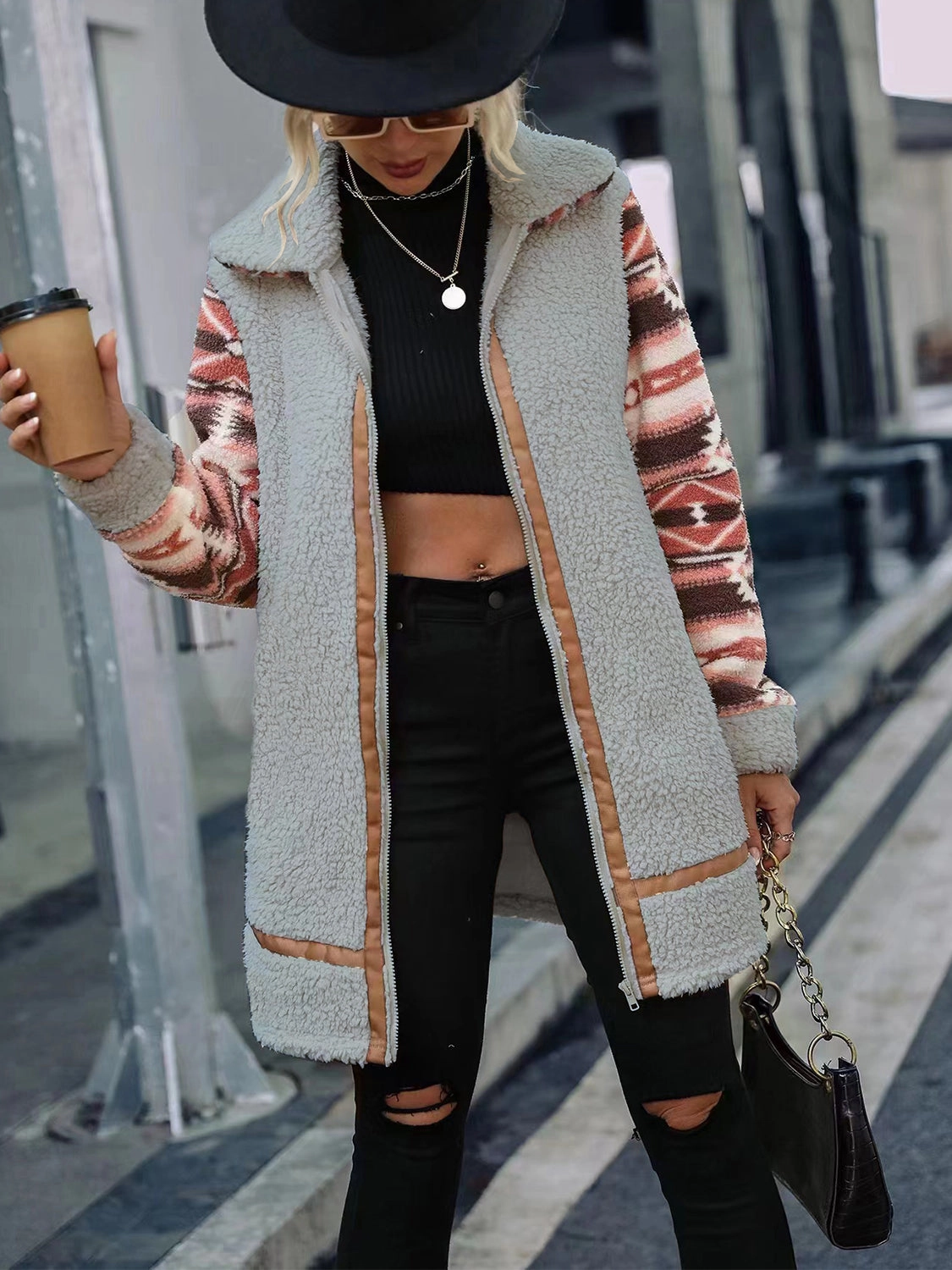 Biggest Savings Now Todays Hot Savings Geometric Zip-Up Collared Sherpa Jacket
