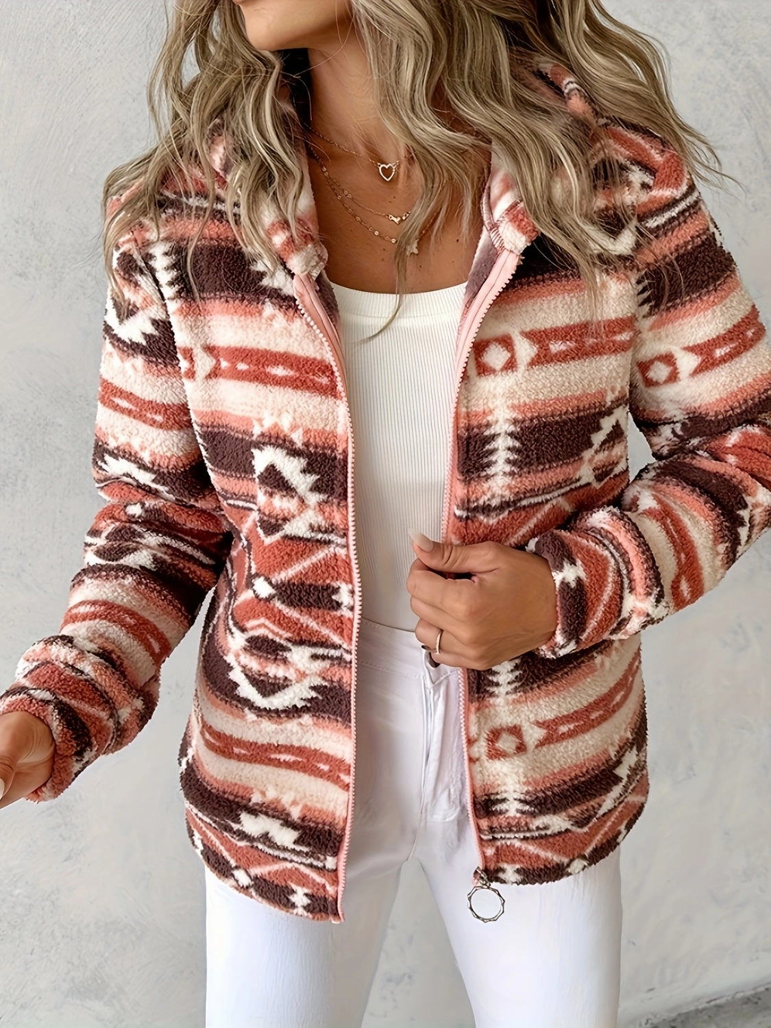 Grab It Now Geometric Zip Up Long Sleeve Hooded Jacket