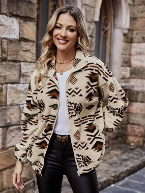 Geometric Zip Up Long Sleeve Outerwear Daily Hot Deal