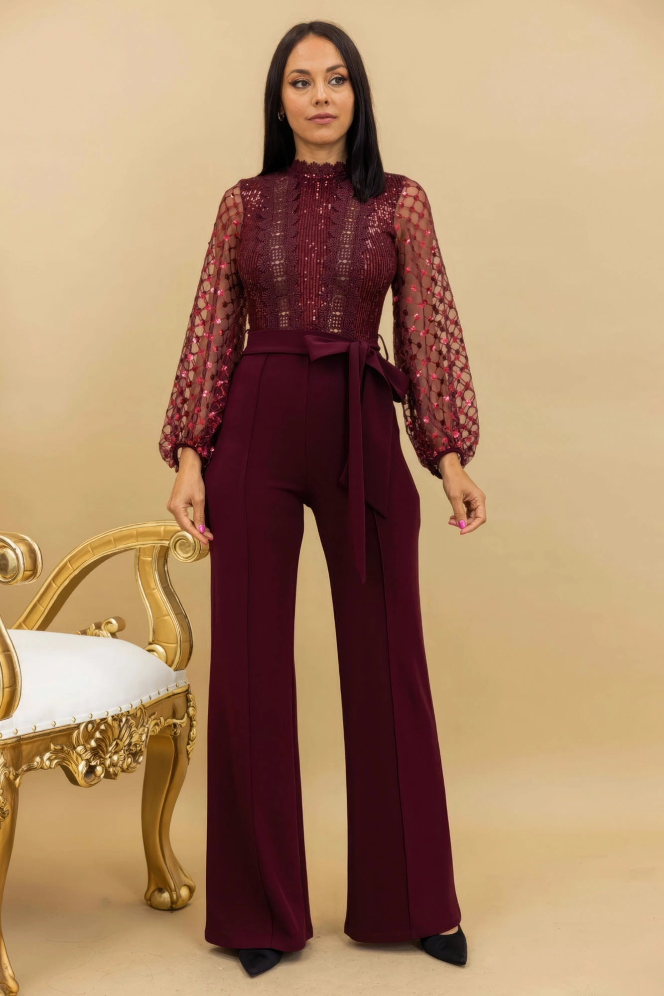 Special Surprise Sale Crochet Sheer Mesh Sequined Polka Dot Jumpsuit