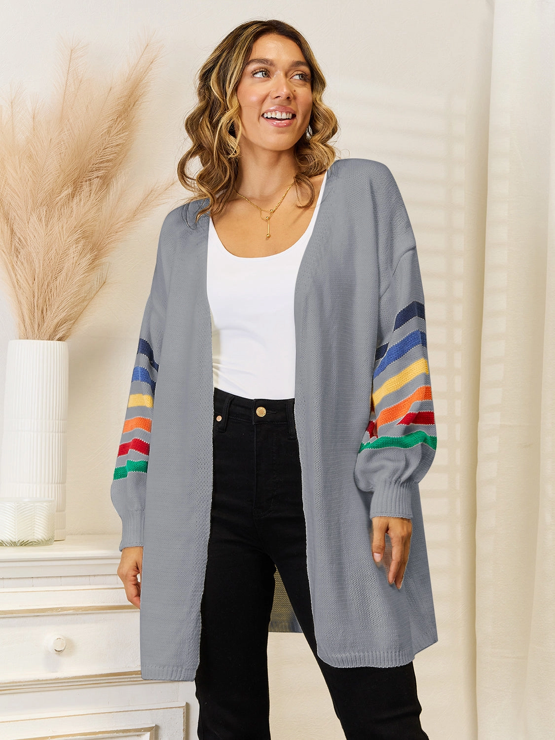 Angel Wings Striped Open Front Dropped Shoulder Cardigan Clearance Blowout Price Drop Frenzy