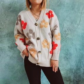 Floral V-Neck Button Up Cardigan With Pockets Best Deal Online Steal Todays Offer
