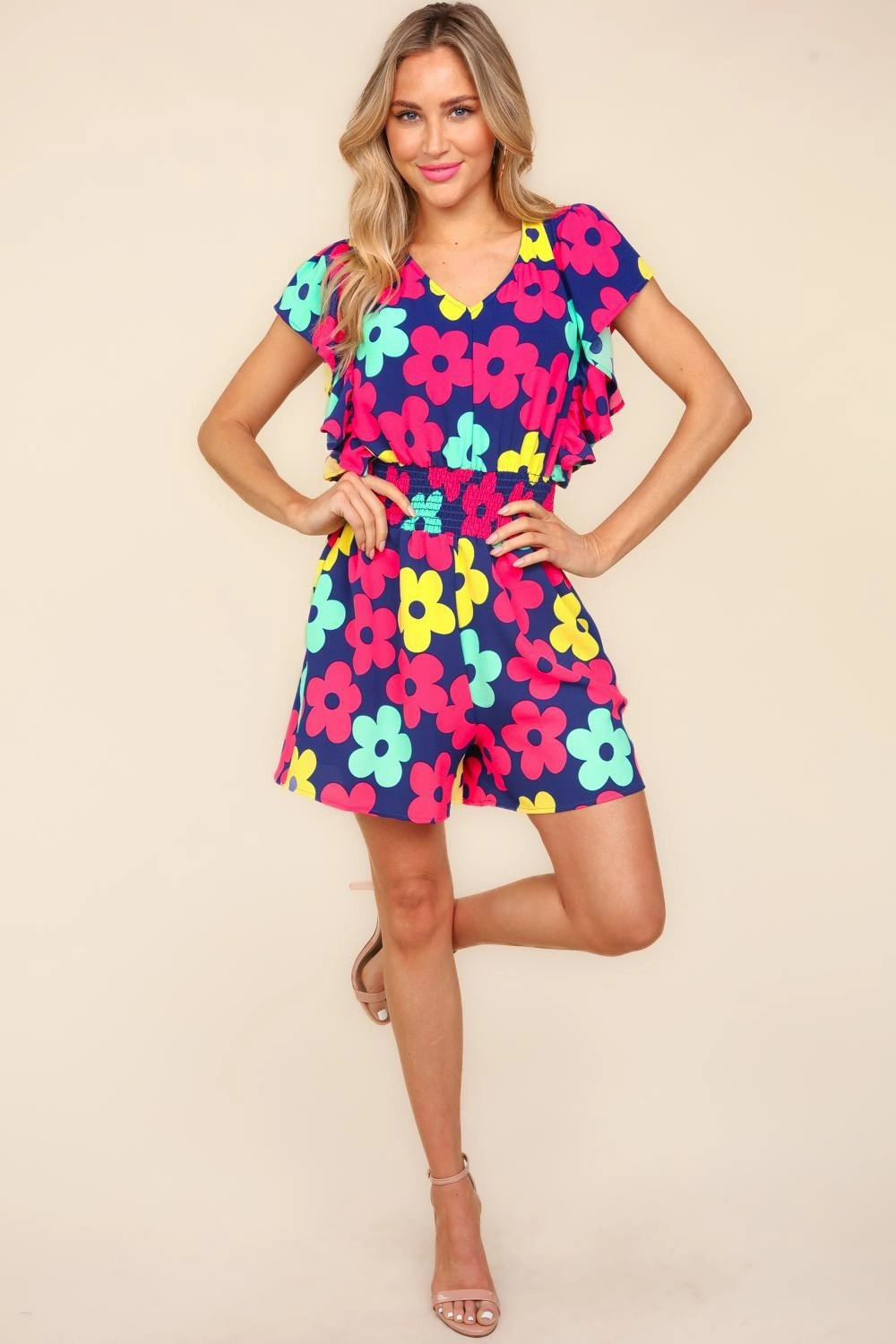Exclusive Holiday Deal Haptics Floral Smocked Waist Romper With Side Pockets