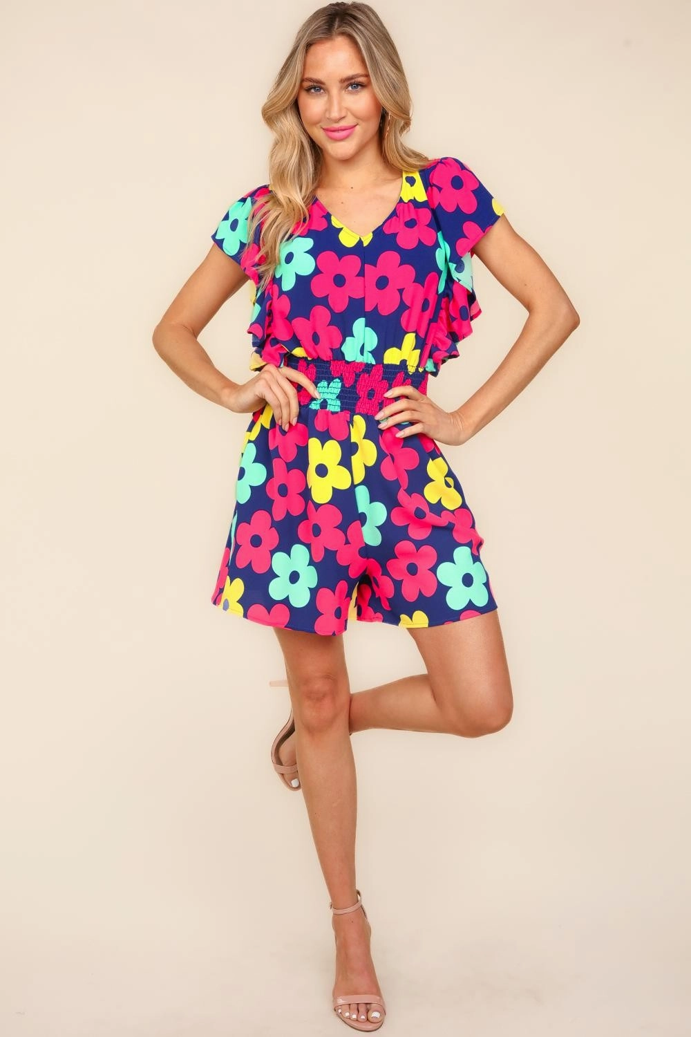 Haptics Floral Smocked Waist Romper With Side Pockets Limited Stock Offer