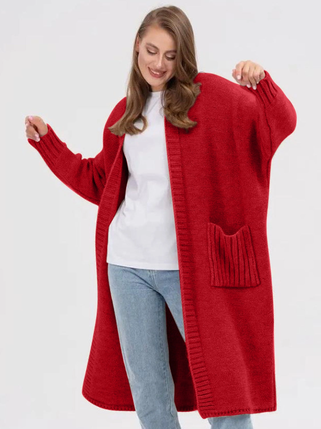 Hot Sale Frenzy Pocketed Open Front Long Sleeve Longline Cardigan