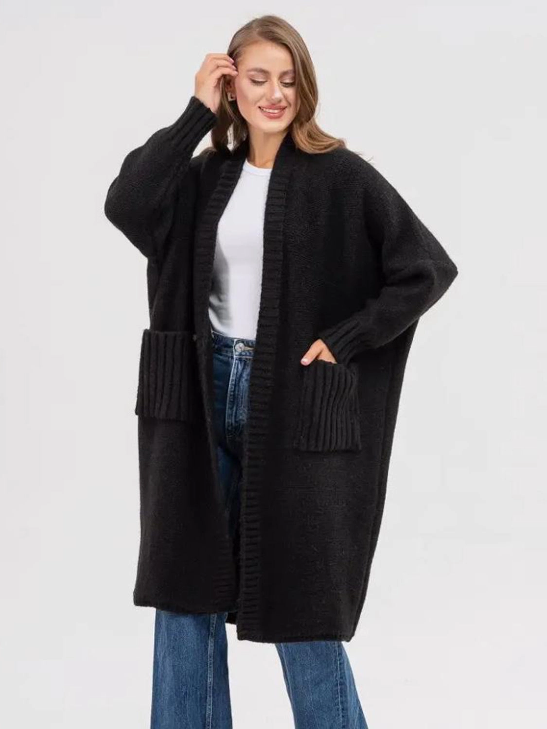 Save Big Online Exclusive Online Deal Pocketed Open Front Long Sleeve Longline Cardigan