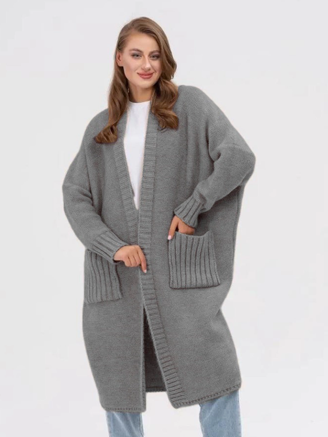 Mega Sale Now Special Price Offer Pocketed Open Front Long Sleeve Longline Cardigan