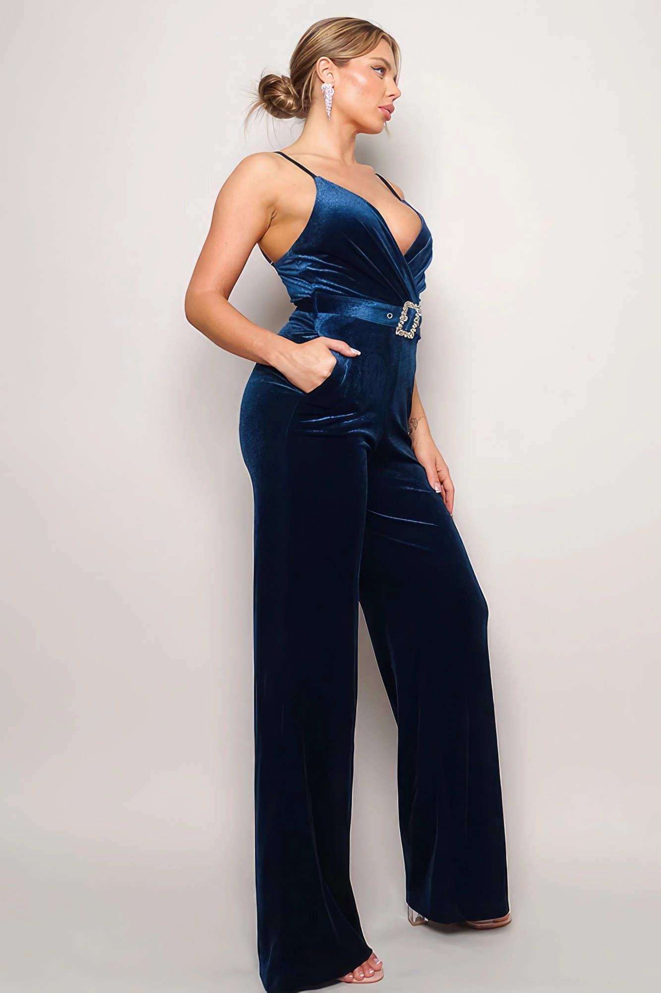 Special Occasion Discount Samba Rhinestone Belt Velvet Jumpsuit