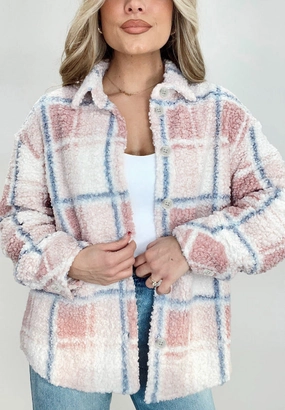 Plaid Button Up Collared Neck Sherpa Jacket Deal of the Day Clearance Event