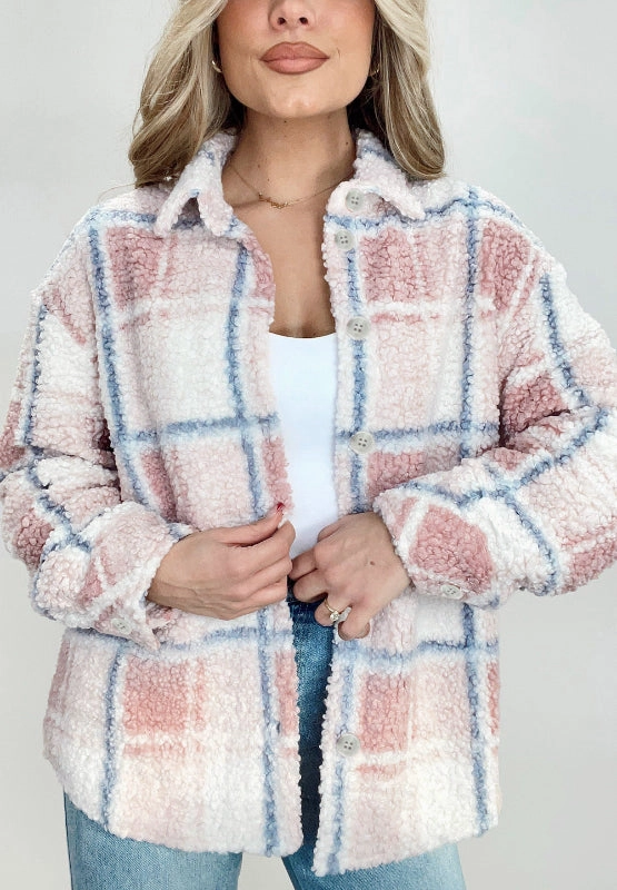 Shop the Savings Now Mega Sale Now Plaid Button Up Collared Neck Sherpa Jacket