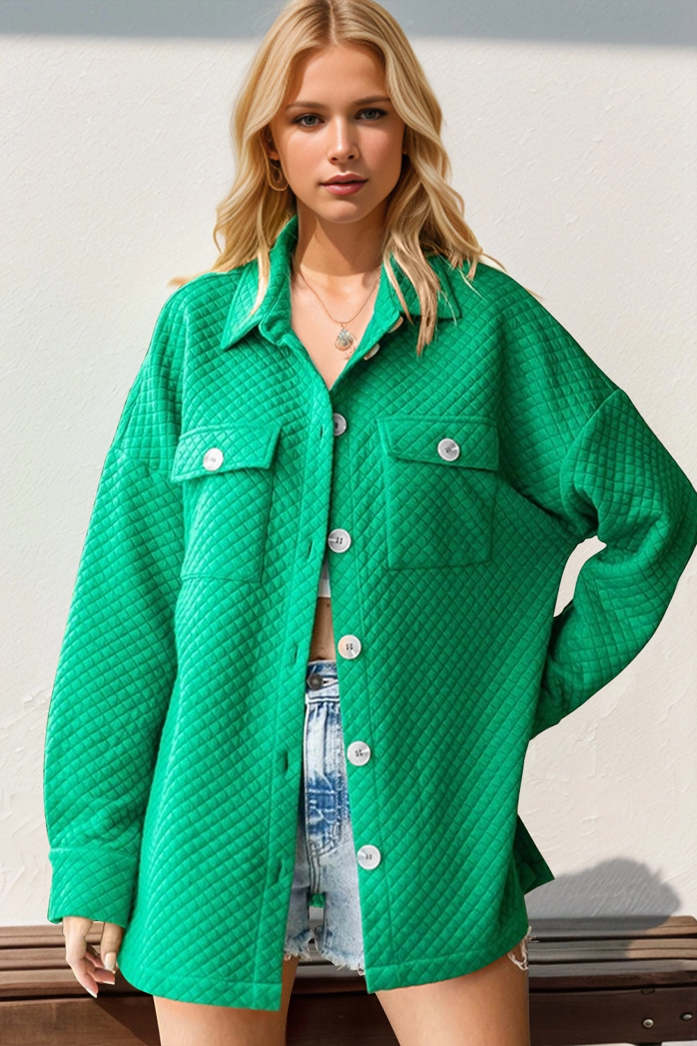 Double Take Full Size Textured Button Up Drop Shoulder Shacket Shop Grab Savings