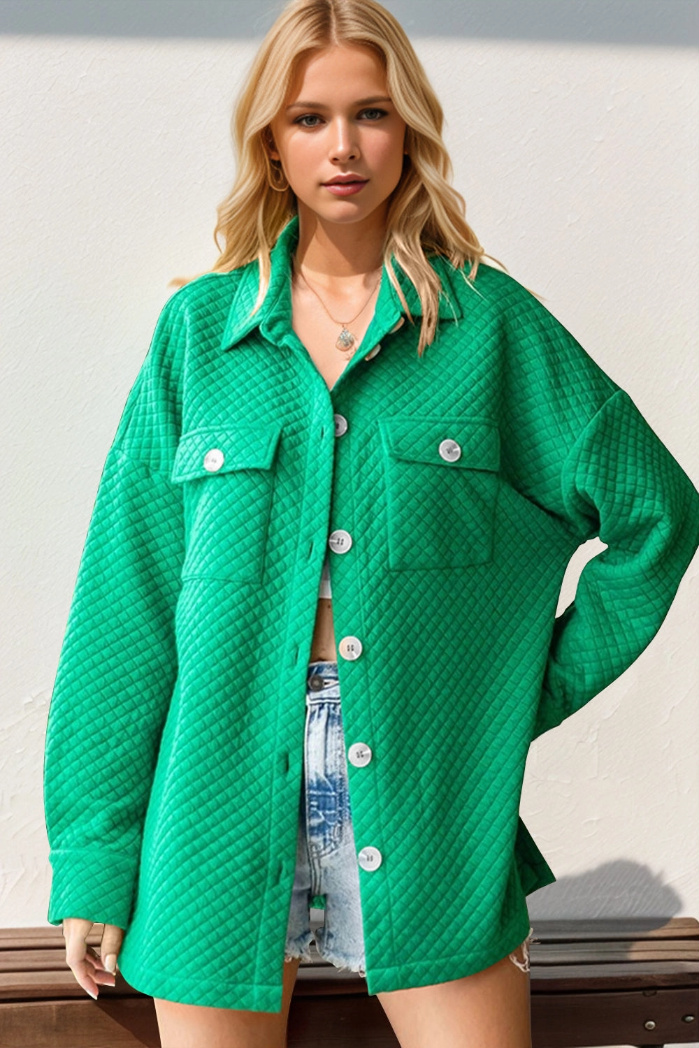 Hot Sale Today Exclusive Online Discount Double Take Full Size Textured Button Up Drop Shoulder Shacket