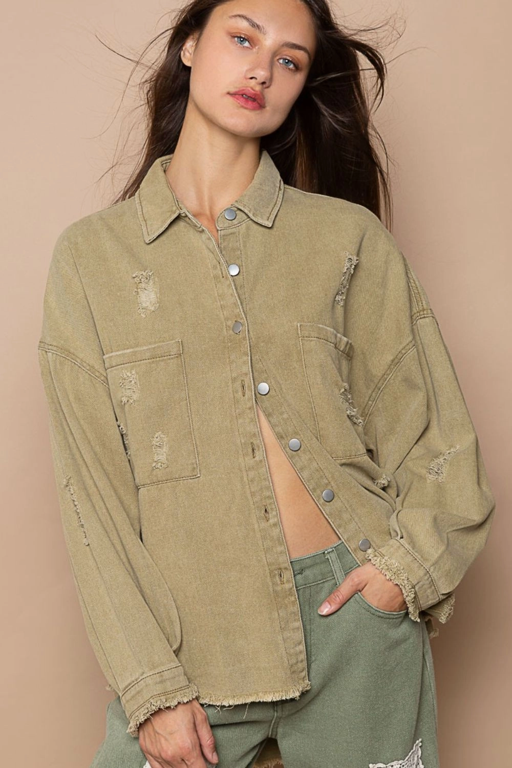 Pol Button Down Raw Hem Distressed Shacket Today Only Hot Sale