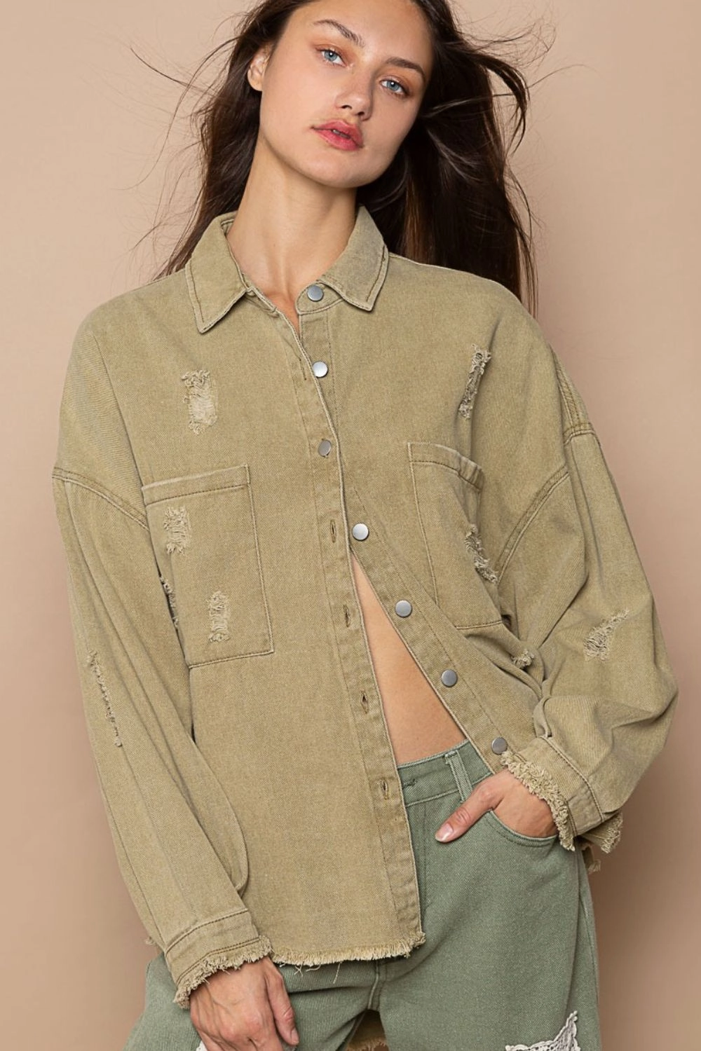 Clearance Alert Now Pol Button Down Raw Hem Distressed Shacket