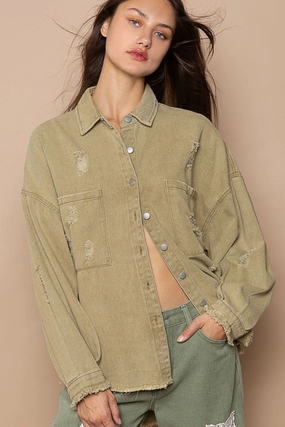 Pol Button Down Raw Hem Distressed Shacket Limited Time Sale