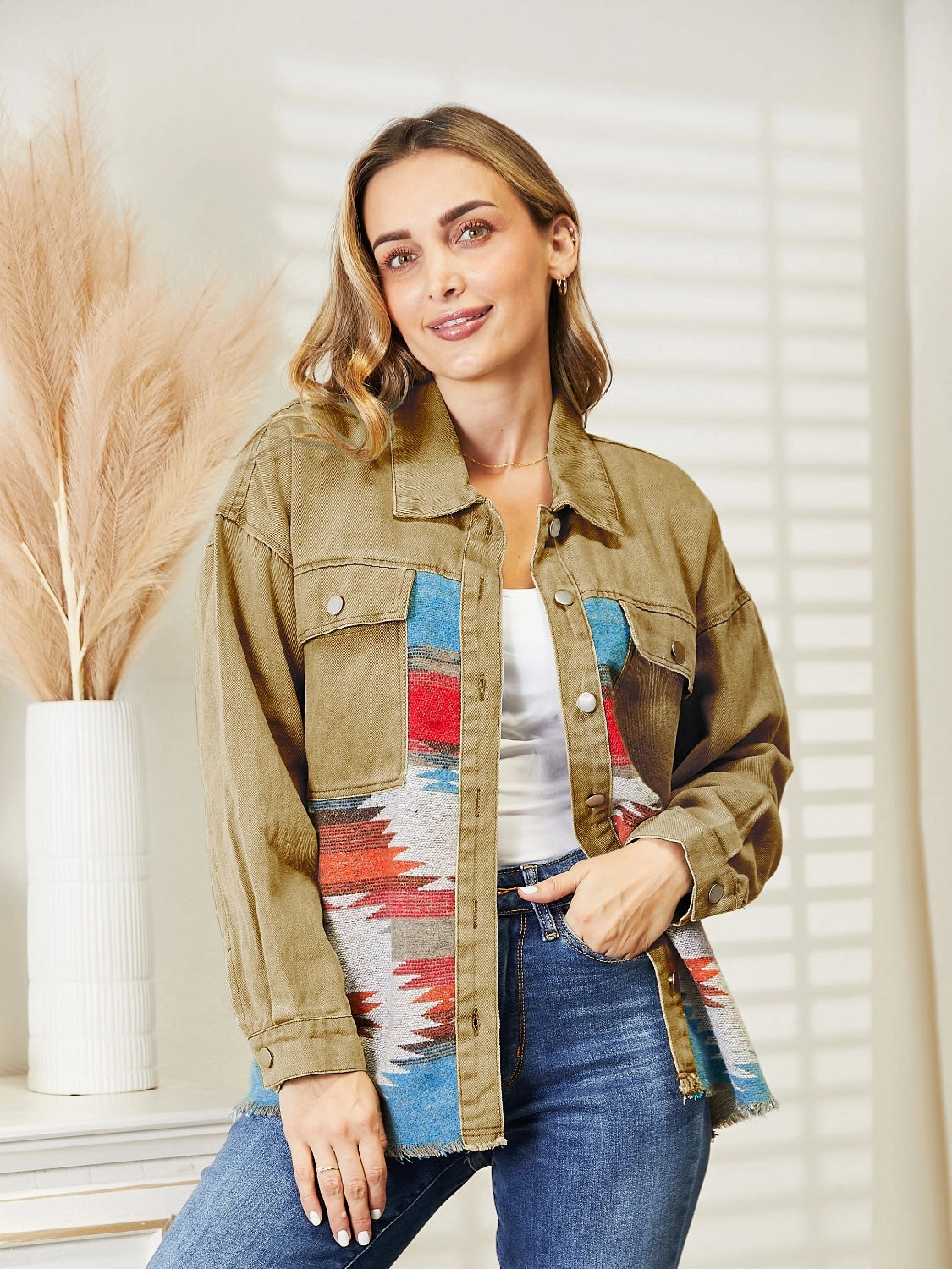 Dropped Shoulder Long Sleeve Printed Denim Jacket Mega Hot Offer MustHave Clearance