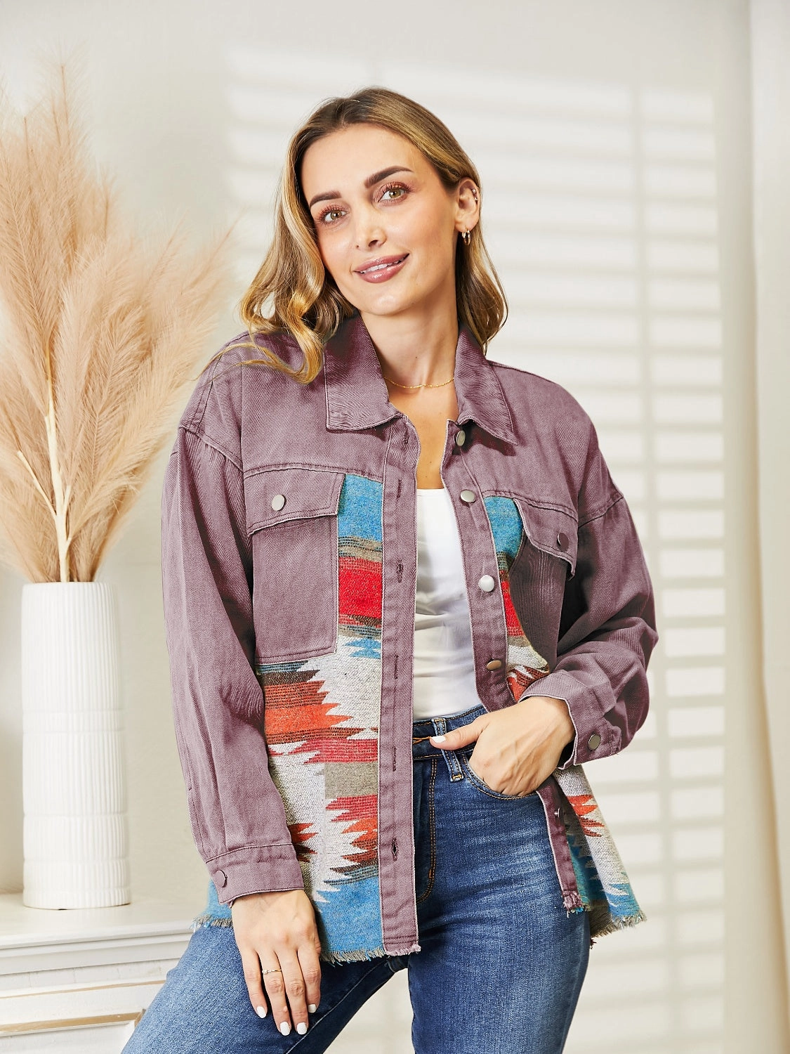 Dropped Shoulder Long Sleeve Printed Denim Jacket Shop Now Save Instant Deal Today