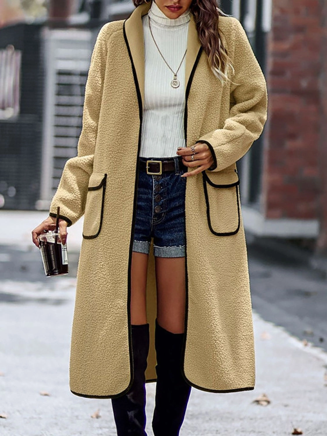 Today Only Discount Hot Offer Frenzy Full Size Contrast Trim Long Sleeve Coat With Pockets