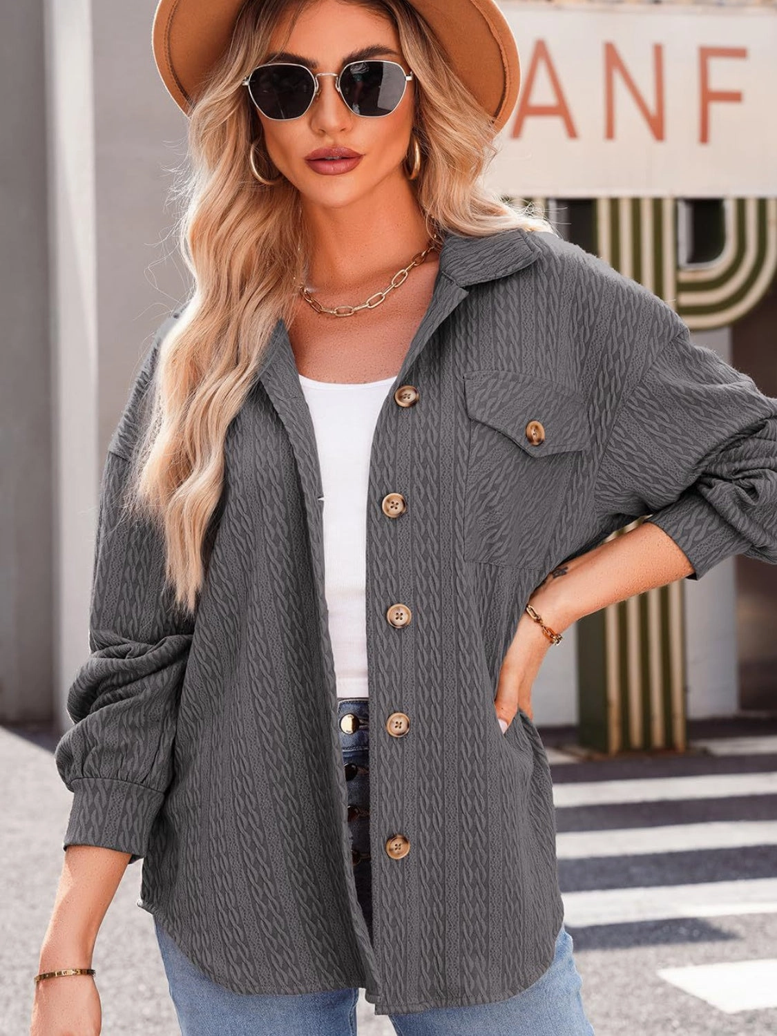 Special Savings Today Textured Button Up Long Sleeve Shacket