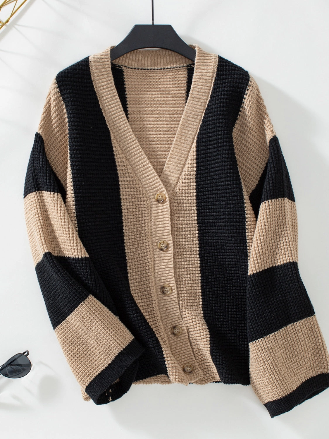 Today Only Steal Online Exclusive Deal Waffle-Knit V-Neck Striped Long Sleeve Cardigan