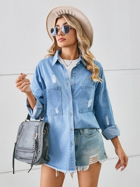 Distressed Raw Hem Dropped Shoulder Denim Jacket Limited Time Hot Deal Sweet Deal Inside