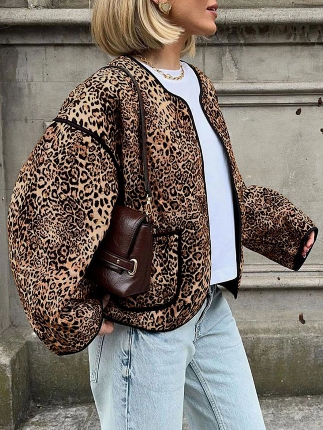 Perfee Leopard Open Front Long Sleeve Jacket Dont Wait Save Today Flash Sale Now
