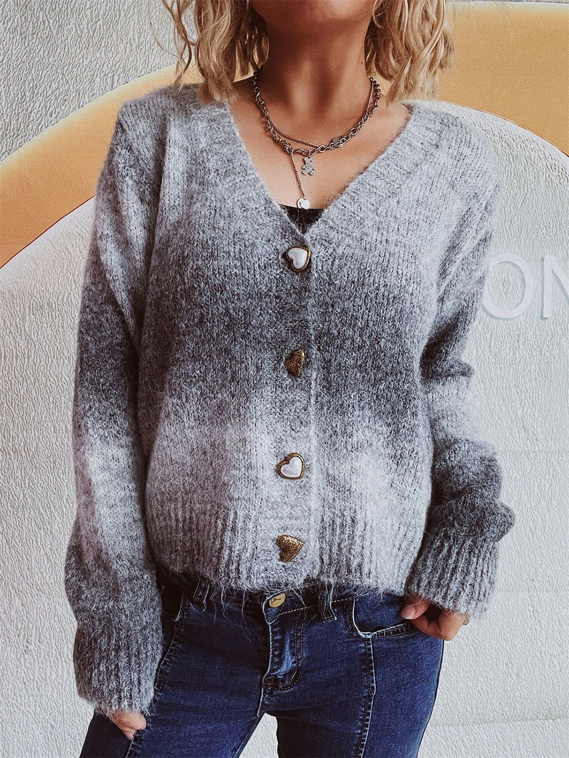 Grab Your Hot Pick Gradient Heart Shape Button V-Neck Cardigan