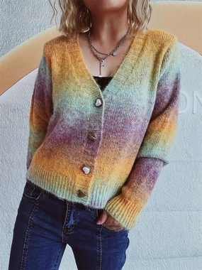 Trending Offer Today Limited Offer Alert Gradient Heart Shape Button V-Neck Cardigan