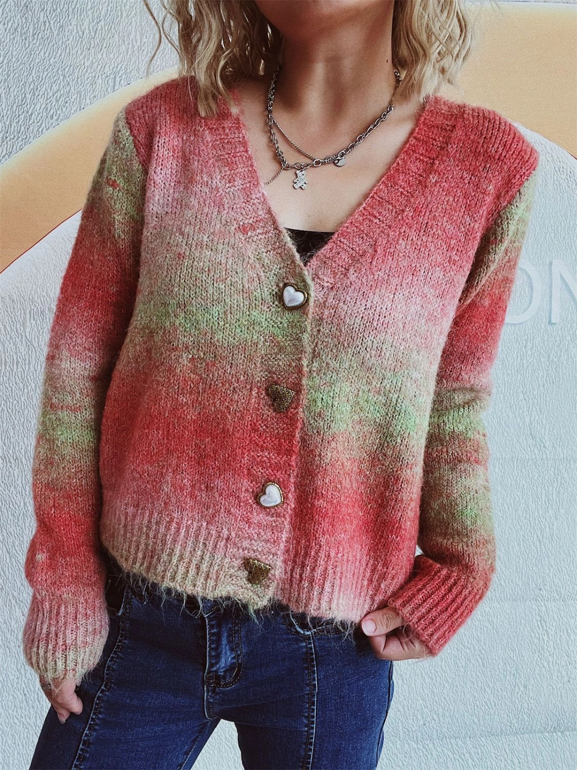 Dont Miss These Savings Hot Pick Online Gradient Heart Shape Button V-Neck Cardigan