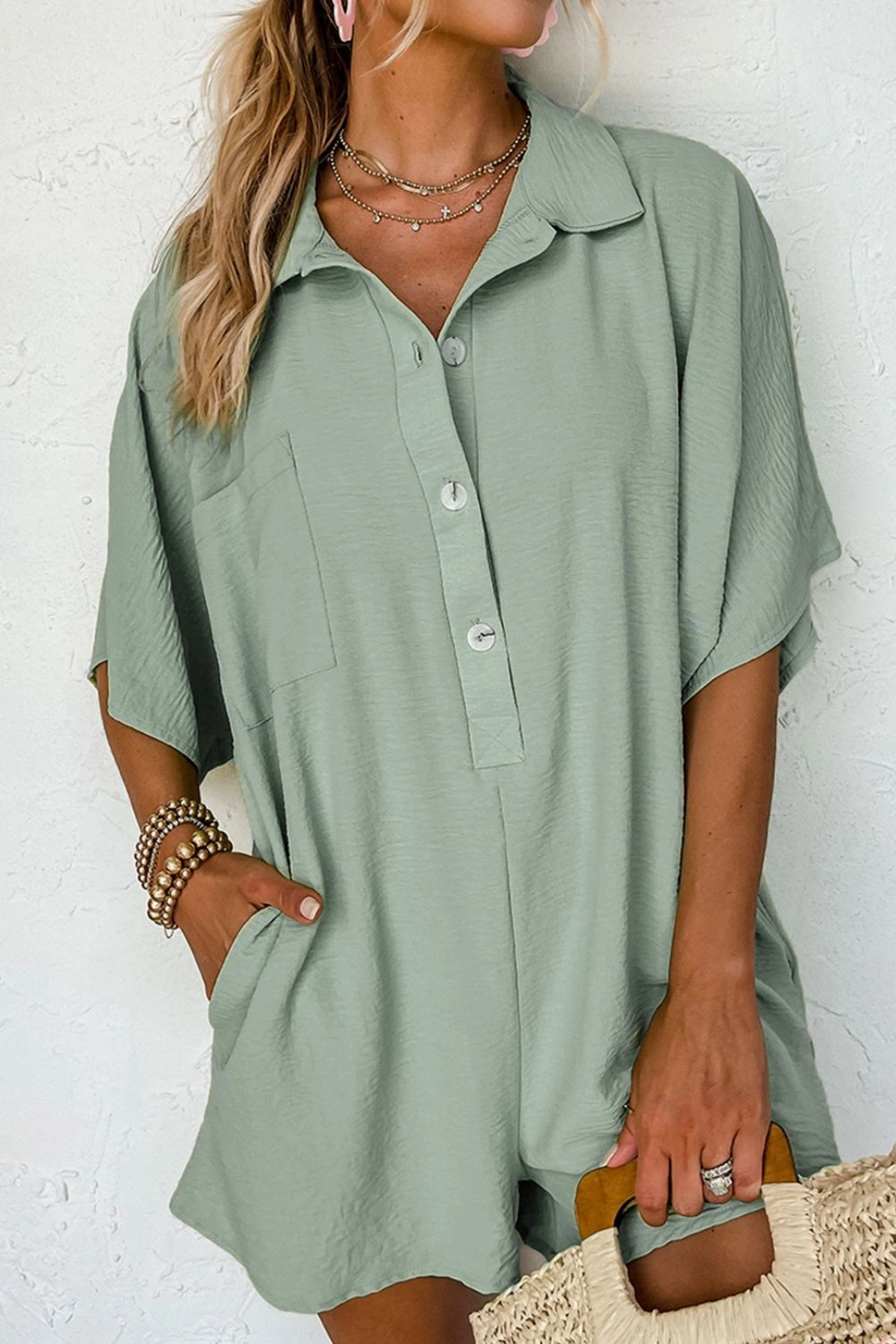 Perfect Gift Sale Half Button Collared Neck Romper