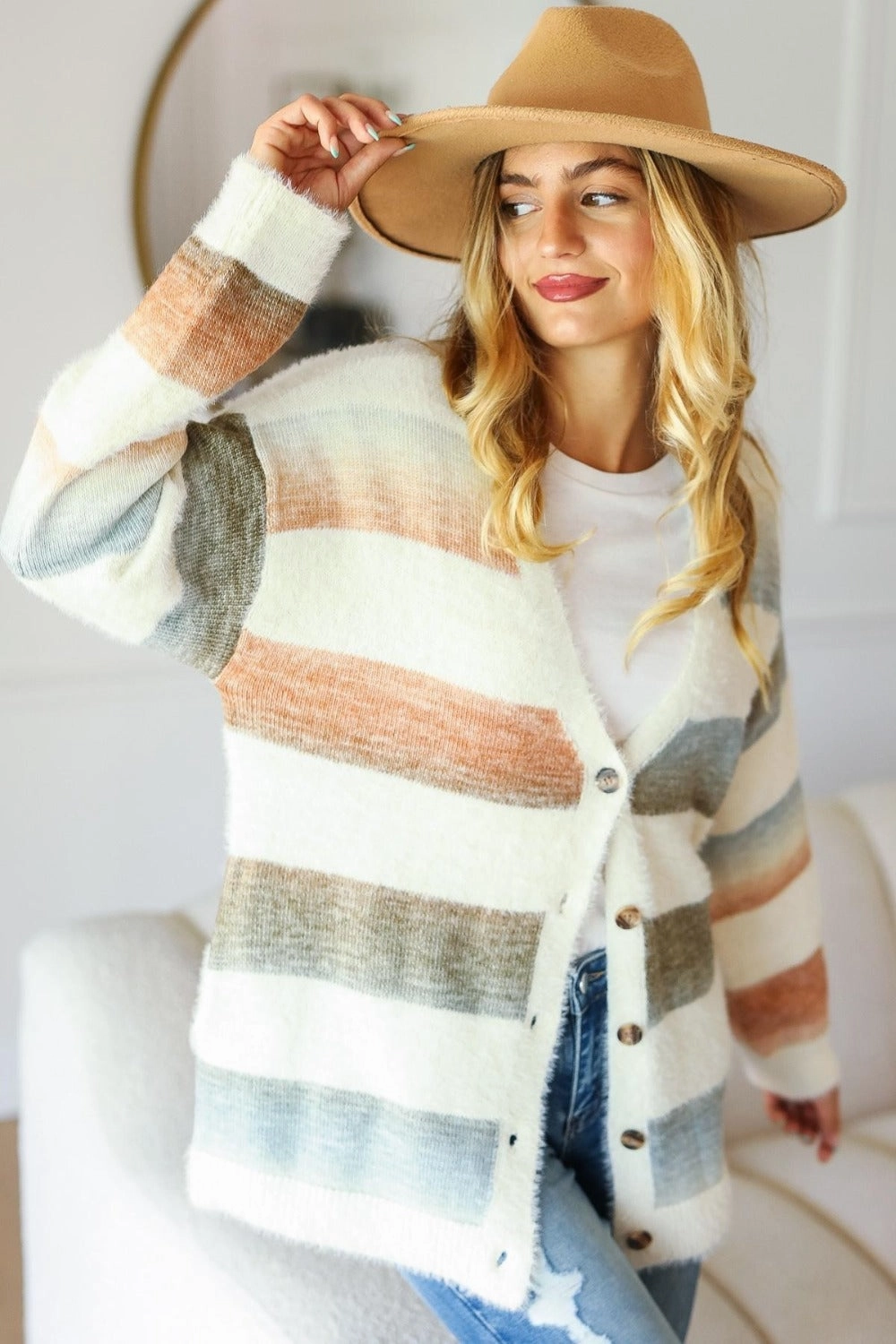 Hot Item Clearance Todays Best Deal Haptics Full Size Button Down Stripe Soft Fuzzy Sweater Cardigan