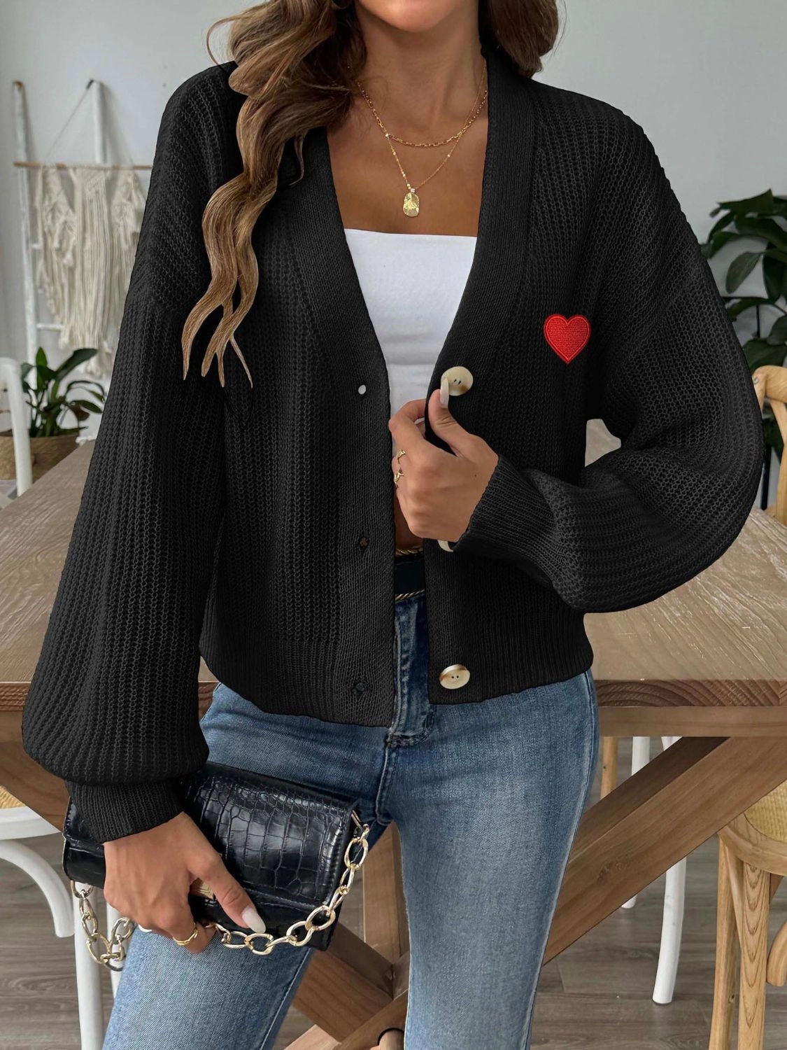 Heart Button Down V-Neck Long Sleeve Cardigan Limited Stock Deals
