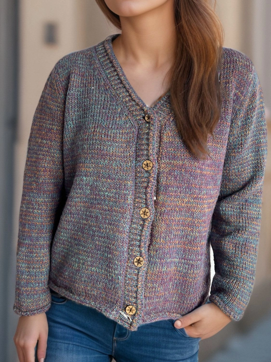 Heathered V-Neck Long Sleeve Cardigan Special Occasion Discount