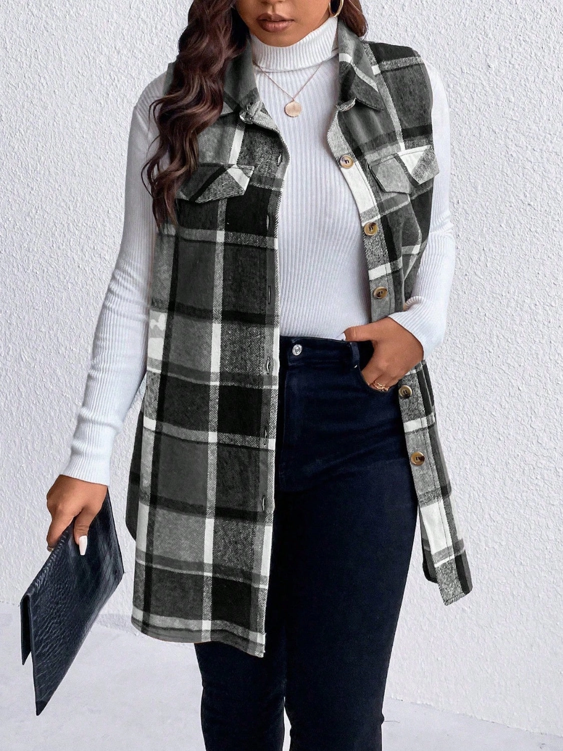 Honey Plus Size Pocketed Plaid Button Up Vest Coat Surprise Discount Today Flash Sale Alert Now