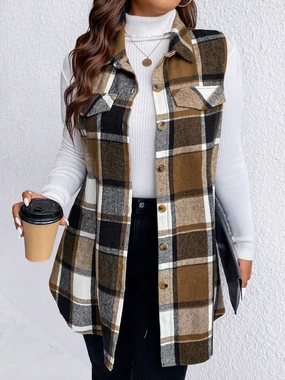 Honey Plus Size Pocketed Plaid Button Up Vest Coat Today Only Offer Hot Offer Ending Soon