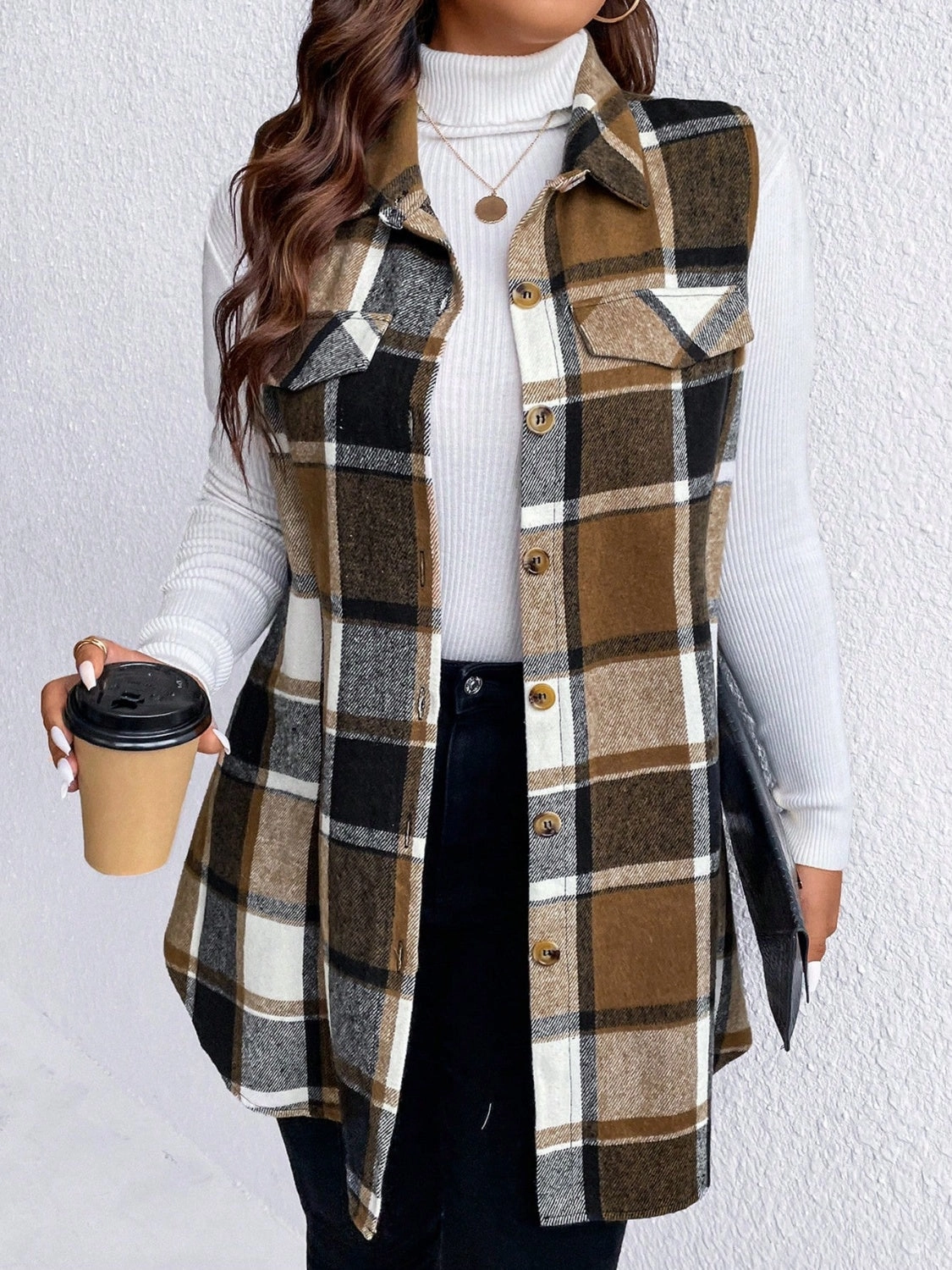 Save Today Event EndofWeek Deals Honey Plus Size Pocketed Plaid Button Up Vest Coat