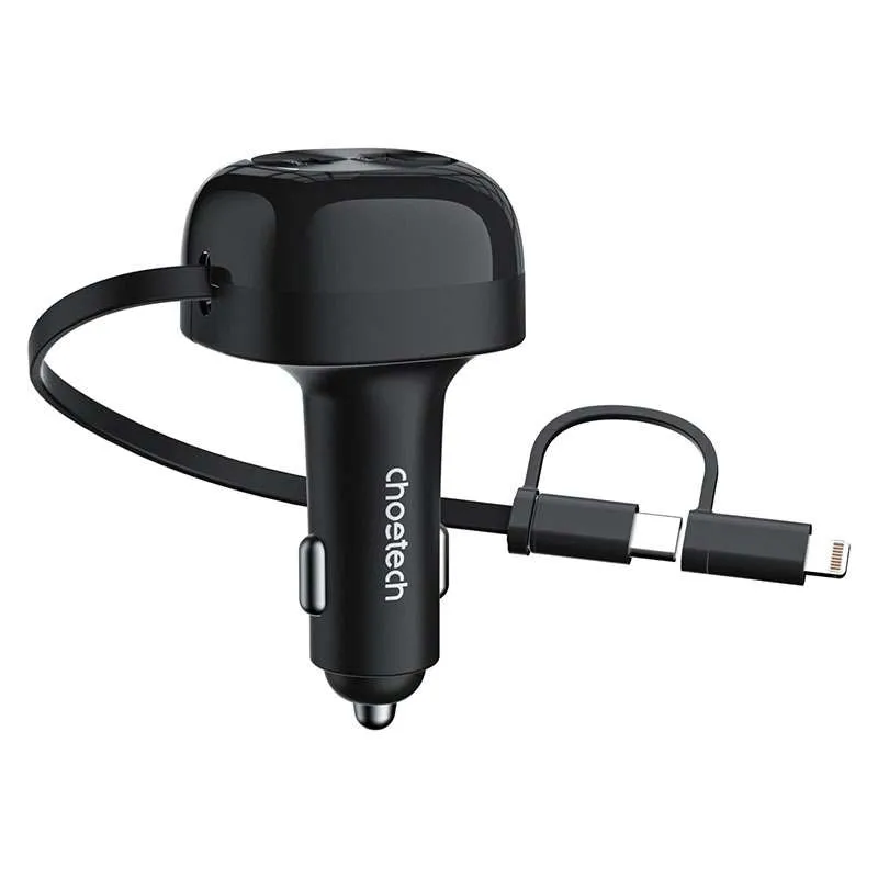 Hot Savings Alert Choetech Tc0036 75W Car Charger With Retractable 2 In 1 Usb-C   Lightning Cable