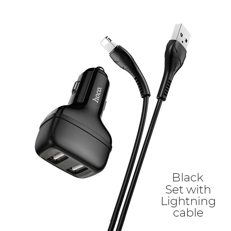 Hoco Z36 Leader Car Charger Dual Port Set With Lightning Cable Gift Sale Event