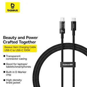 Clearance Sale Baseus Gem Series Type C To C 100W Fast Charging Cable Cluster Black 2M