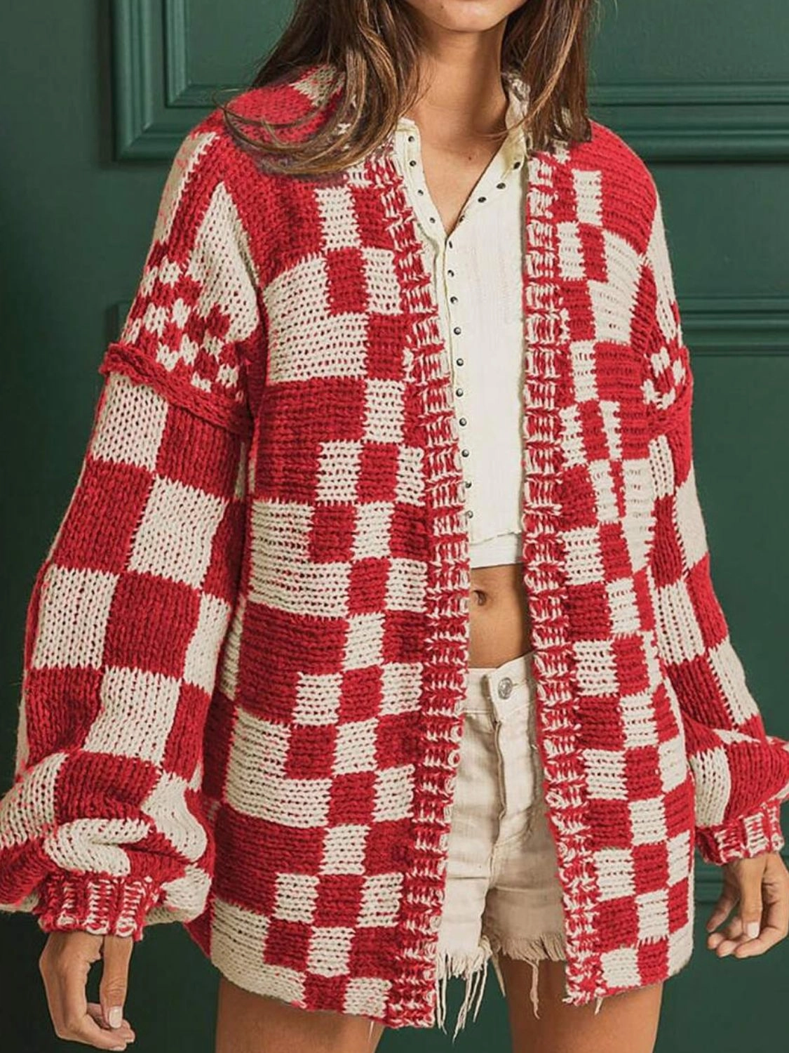 Save Today Only Hot Sale Today Checkered Open Front Long Sleeve Cardigan