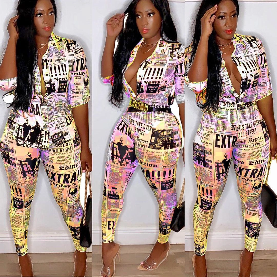 Trending Offer Today Special Deals Online Land Of Nostalgia Plus Size Newspaper Print Women'S Fall Jumpsuit Set By Land Of Nostalgia