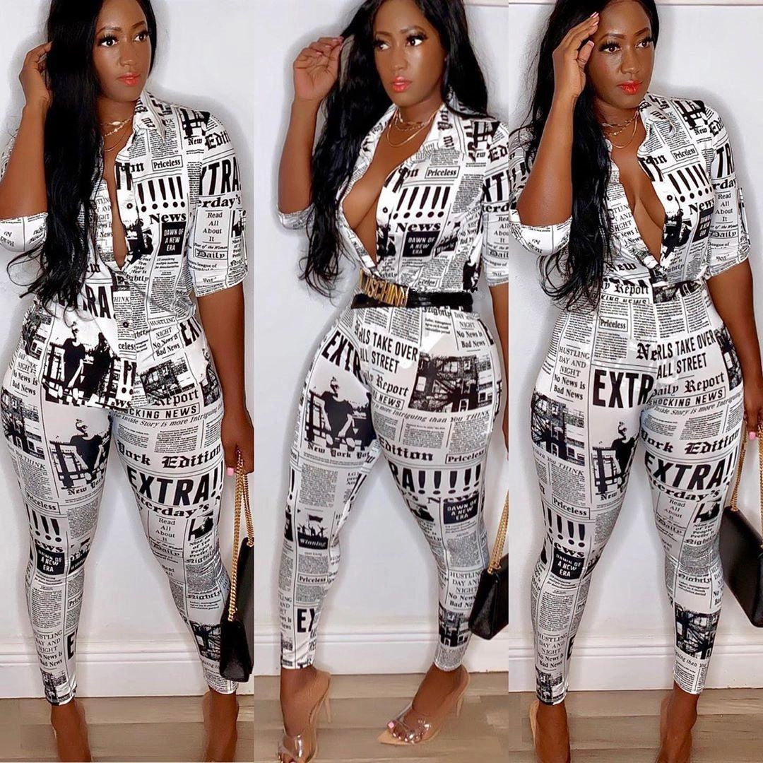Limited Time Hot Deal Land Of Nostalgia Plus Size Newspaper Print Women'S Fall Jumpsuit Set By Land Of Nostalgia